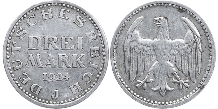 Монета Веймар 3 марки 1924