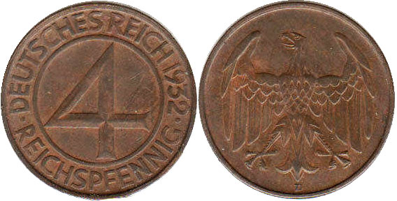 Монета Веймар 4 Pfennig 1932