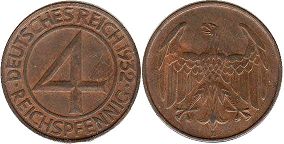 монета Германия Веймар 4 пфеннига 1932