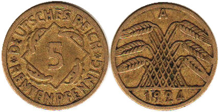 Монета Веймар 5 пфеннигов 1924