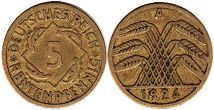 монета Германия Веймар 5 пфеннигов 1924