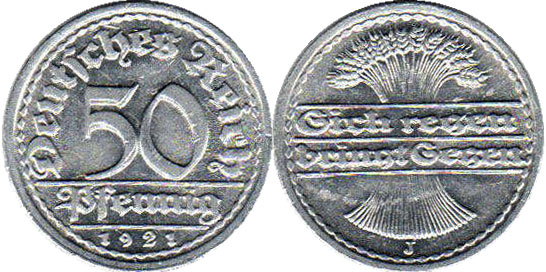 Монета Веймар 50 пфеннигов 1921