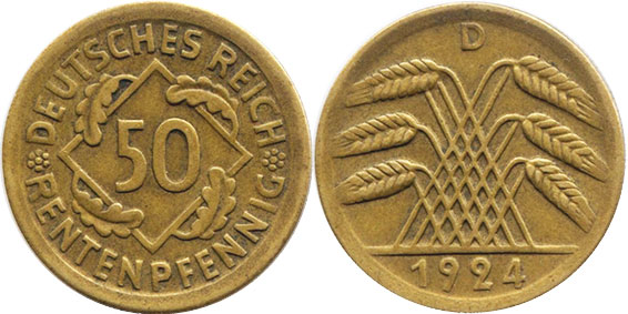 Монета Веймар 50 пфеннигов 1924