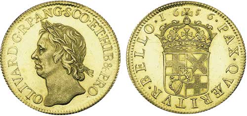 фрезерованная монета, отчеканенная Томасом Саймоном в 1656 году, с изображением лорда-протектора.