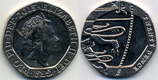 Четвертый портрет, надпись ELIZABETH II DEI GRA REG FID DEF (<i>дата</i>) вокруг <BR>Реверс: правая сторона Королевского герба, TWENTY PENCE вправо