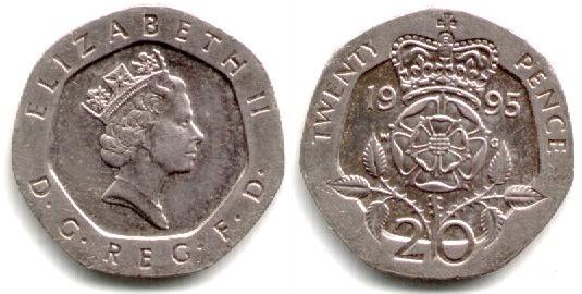 Аверс: Второй портрет, надпись ELIZABETH II над DG REG. FD внизу <BR>Реверс: Коронованная роза Тюдоров, цифра 20 внизу, дата вверху и надпись TWENTY PENCE.