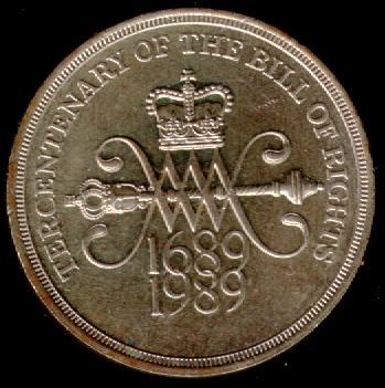 Переплетенные буквы W и M с булавой, английская корона вверху, 1689 и 1989 годы внизу 300-ЛЕТИЕ БИЛЛЯ О ПРАВАХ вверху