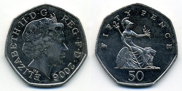 Аверс: Третий портрет, надпись ELIZABETH II DG REG FD {<I>дата</I>}, начиная с нижнего левого угла. Инициалы IRB ниже бюста. Центральная точка над головой королевы. <BR>Реверс: Британия, 50 ниже, FIFTY PENCE вверху.
