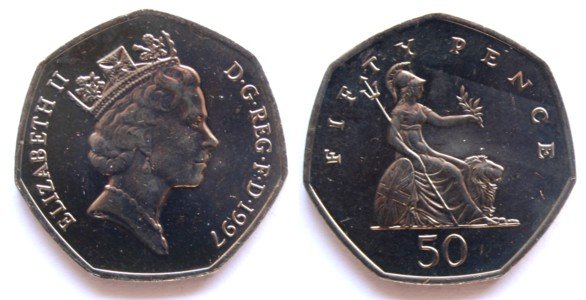 Аверс: второй портрет, надпись ELIZABETH II DG REG FD {<I>дата</I>}, начиная с нижнего левого угла <BR>Реверс: Британия, 50 внизу, FIFTY PENCE вверху