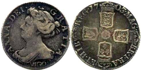 Шестипенсовик 1703 года, выпущенный <B>Королевой Анной</B>, внизу имеет VIGO.