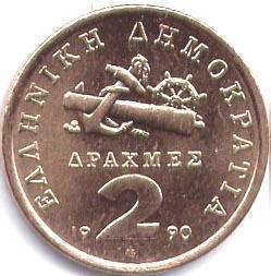 монета Греция 2 drachma 1990