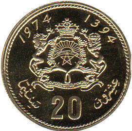 монета Марокко 20 centimes 1974