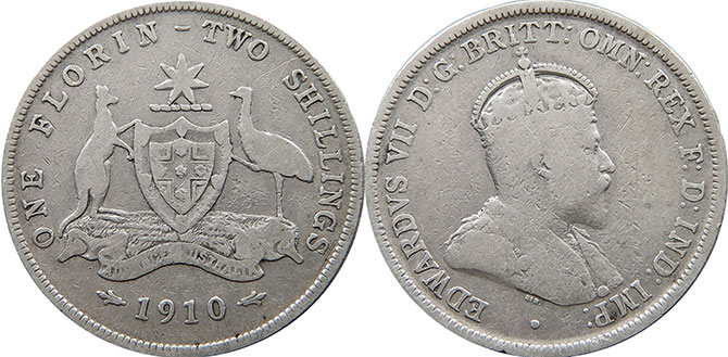Австралия серебро монета 1 флорин 1910