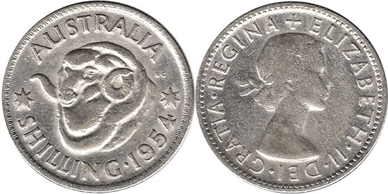 Австралия монета 1 шиллинг 1954 Elizabeth II