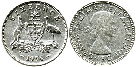 Австралия монета 6 пенсов 1954 Elizabeth II