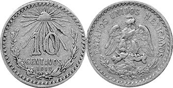 Мексика монета 10 сентаво 1919
