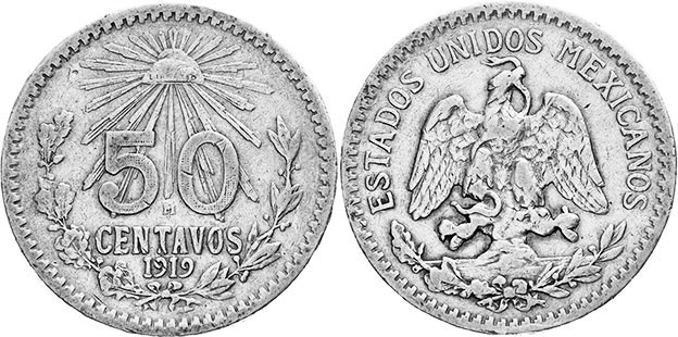 Мексика монета 50 сентаво 1919 (1918, 1919)