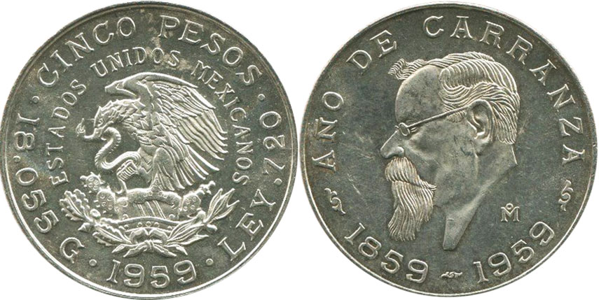 Мексика монета 5 песо 1959 Garranza