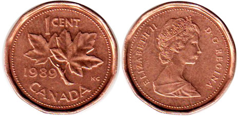 Канада монета Elizabeth II 1 цент 1989