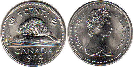 Канада монета Elizabeth II 5 центов 1989