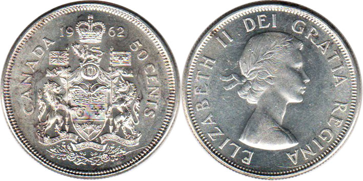 Канада монета Elizabeth II 50 центов 1962 серебро