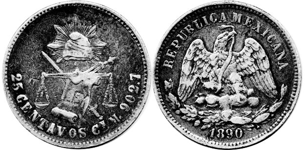 Мексика монета 25 сентаво 1890
