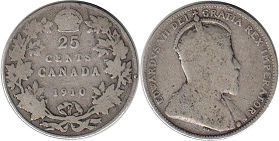 монета Канада 25 центов 1910