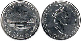 монета Канада 25 центов 1992 British Columbia