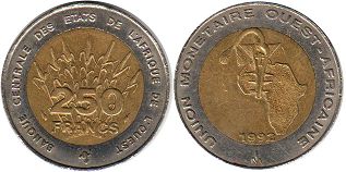 монета Западноафриканские Государства 250 франков 1992