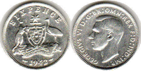 Австралия монета 6 пенсов 1942