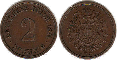 монета Германская Империя 2 пфеннига 1874