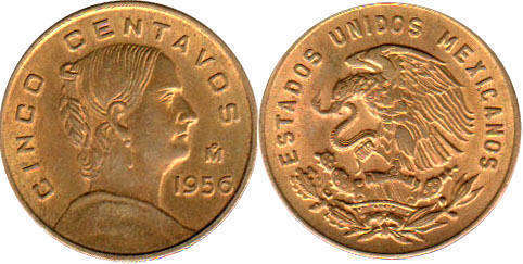 Мексика монета 5 сентаво 1956
