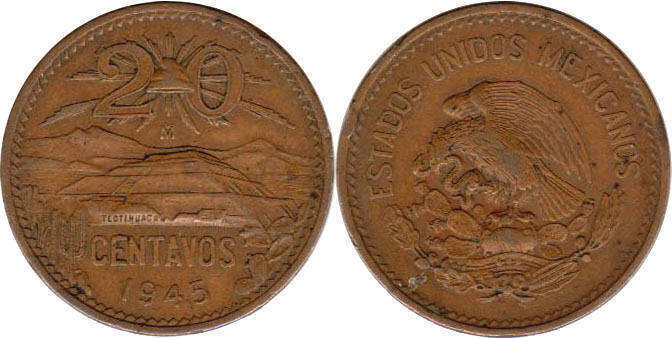 Мексика монета 20 сентаво 1945
