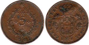 монета Португальские Азоры 5 рейс 1901