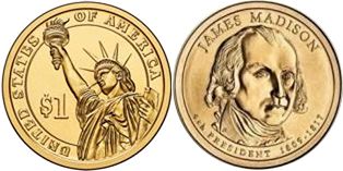 США монета 1 доллар 2007 Мэдисон