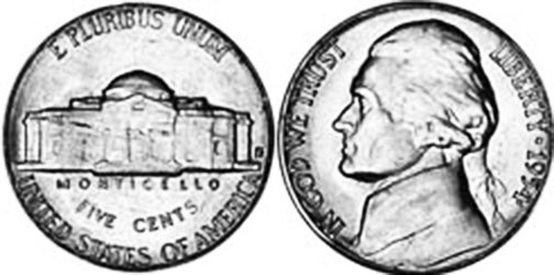США монета 5 центов 1954