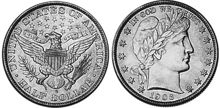 США монета 1/2 dollar 1906