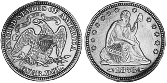 США монета quarter 1873