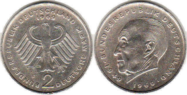 Монета Deutschland 2 mark 1969 Konrad Adenauer