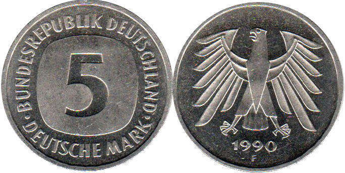 Монета Deutschland 5 mark 1990