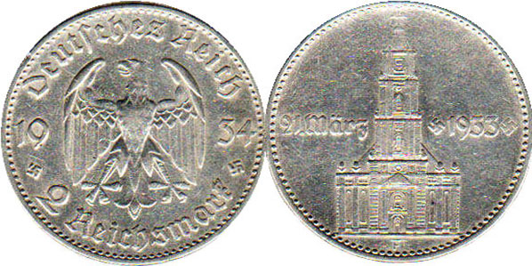 Монета Nazi Deutschland 2 Reichsmark 1934