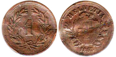 Монета Швейцария 1 раппен 1853 