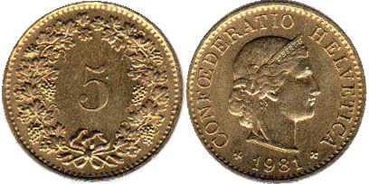 Монета Швейцария 5 раппенов 1981 