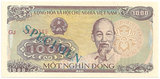 Вьетнам банкнота 1000 донгов 1988 specimen, 1000₫, лицо Вьетнам банкнота 1000 донгов 1988 specimen, 1000₫, лицо