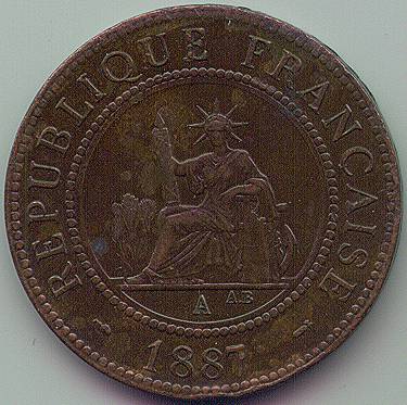 Французский Индокитай 1 Цент 1887 монета, аверс Французский Индокитай 1 Цент 1887 монета, аверс