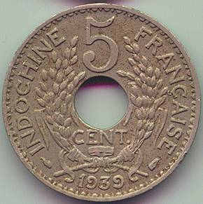 Французский Индокитай 5 центов 1939 монета, реверс Французский Индокитай 5 центов 1939 монета, реверс