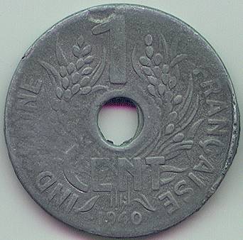 Французский Индокитай 1 cent 1940 ошибка монета, реверс Французский Индокитай 1 cent 1940 ошибка монета, реверс