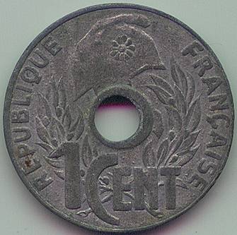 Французский Индокитай 1 cent 1941 цинк монета, аверс Французский Индокитай 1 cent 1941 цинк монета, аверс