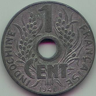 Французский Индокитай 1 cent 1941 цинк монета, реверс Французский Индокитай 1 cent 1941 цинк монета, реверс