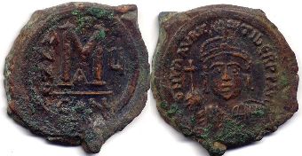 монета Византия Маврикий Тиберий фоллис